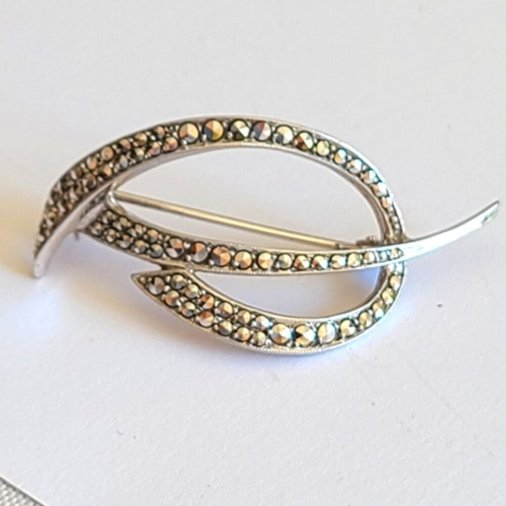 Vintage Boho Art Deco Sterling Silver Marcasite Crystal Brooch